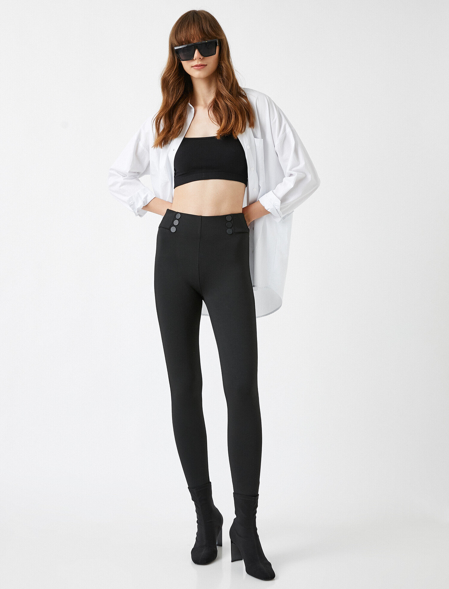   Yüksek Bel Düğme Detaylı Tayt