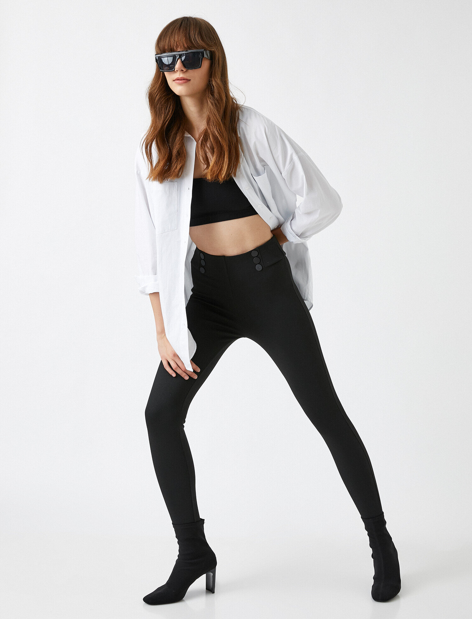   Yüksek Bel Düğme Detaylı Tayt