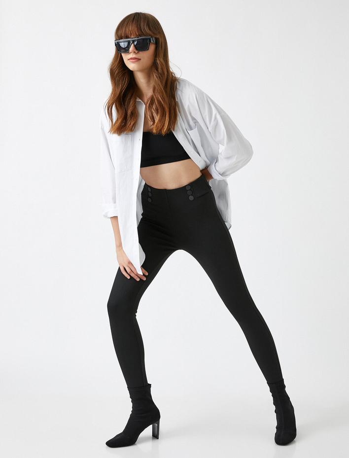  Yüksek Bel Düğme Detaylı Tayt