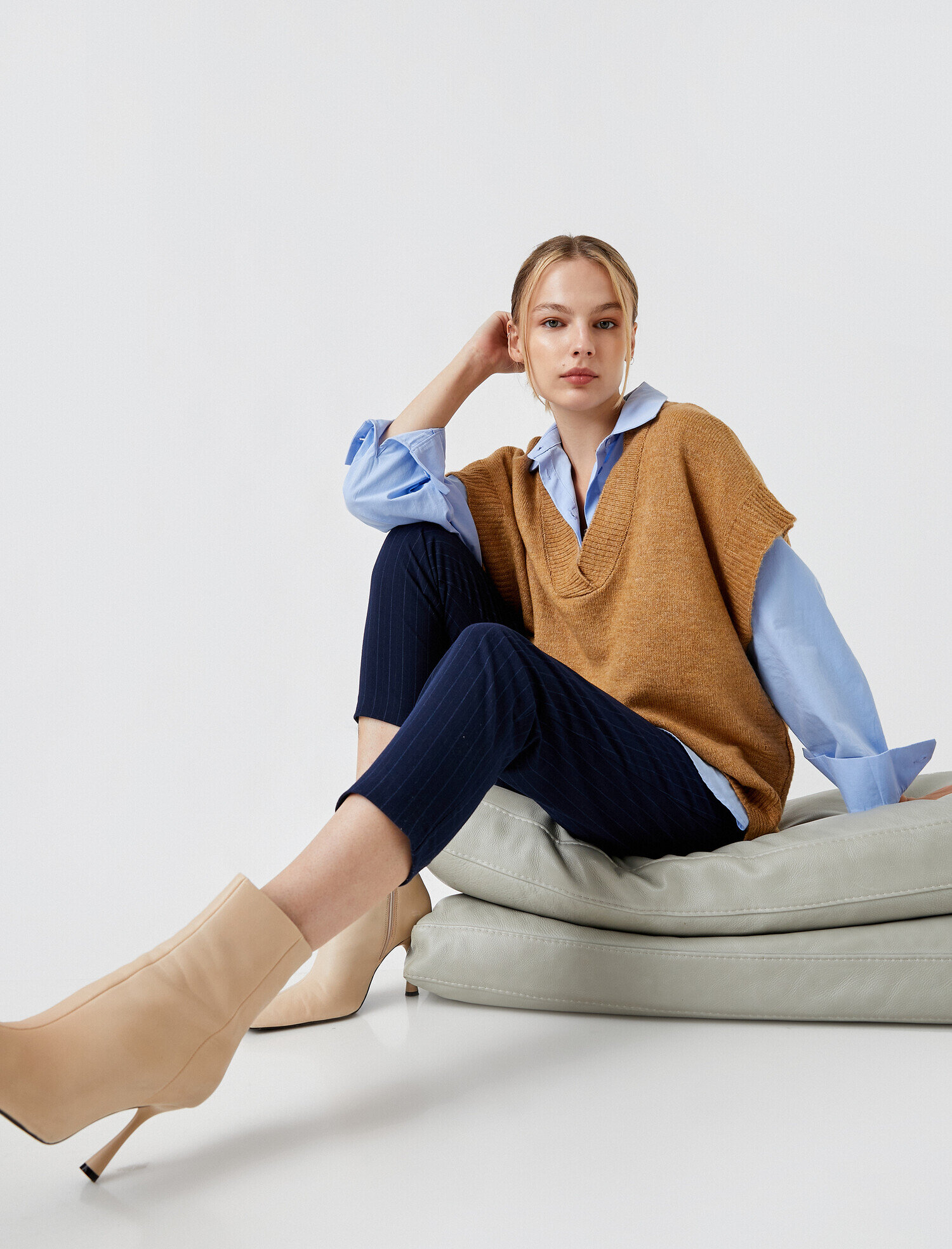   Çizgili Belden Bağlamalı Kısa Paça Pantolon Cepli