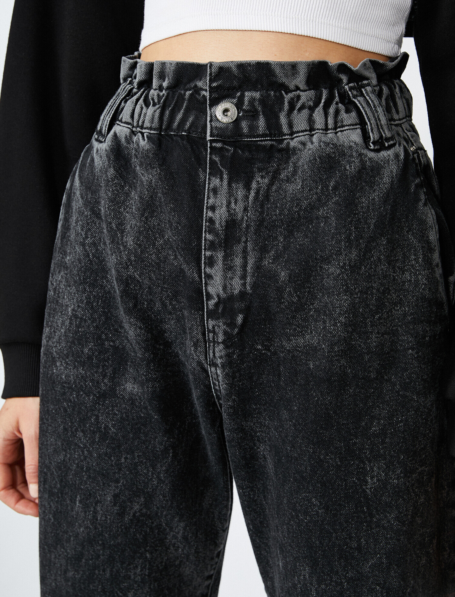   Yüksek Bel Beli Lastikli Kot Pantolon - Baggy Jean