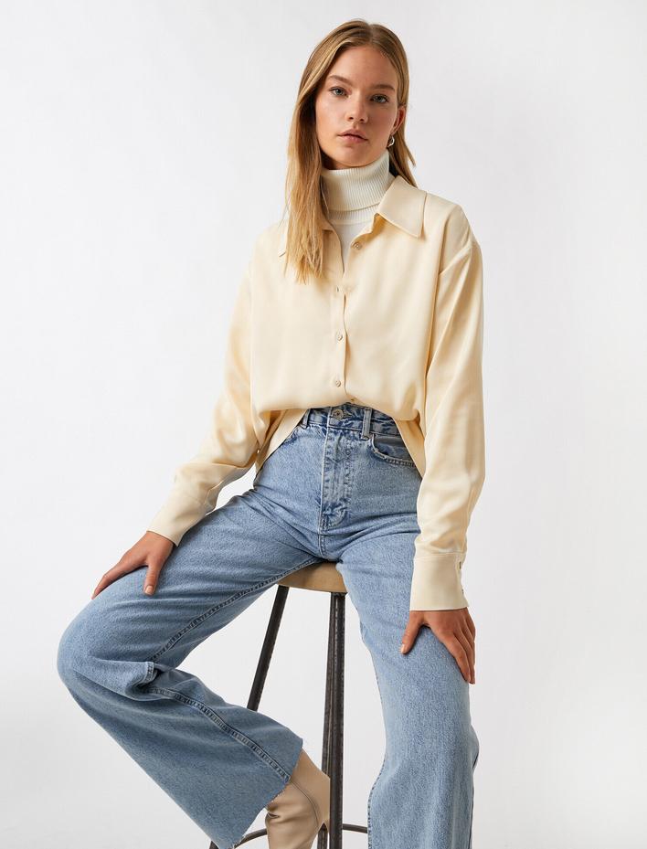  Klasik Yaka Uzun Kollu Düğmeli Oversize Gömlek