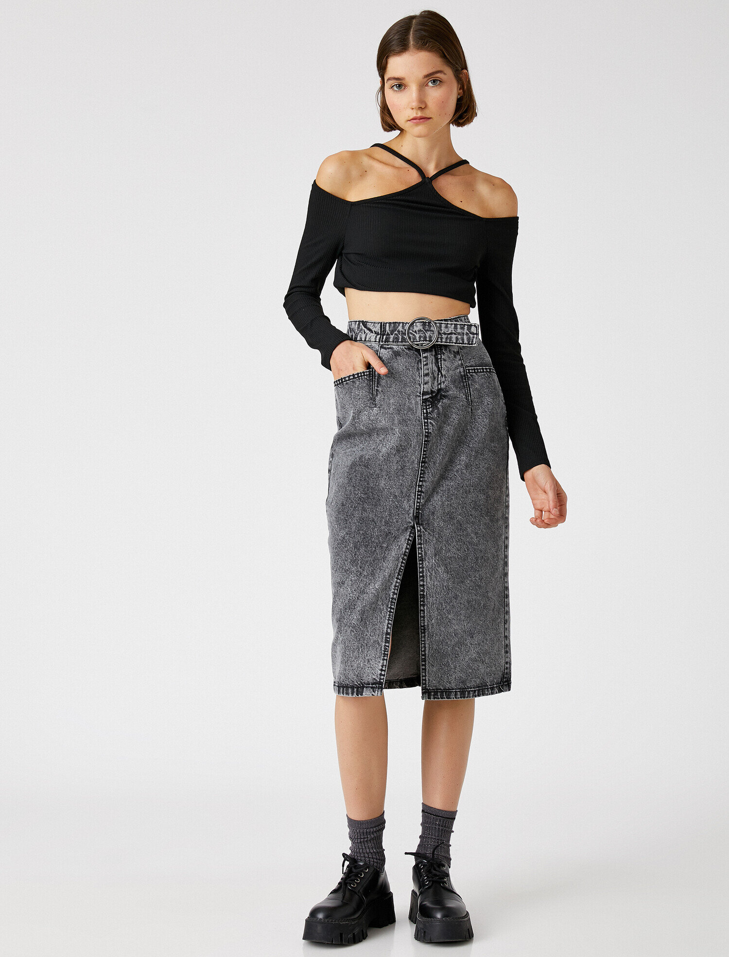   Yırtmaçlı Midi Kot Etek