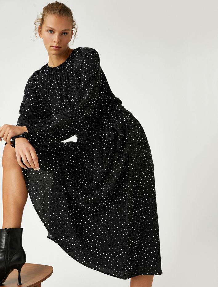  Puantiyeli Uzun Kollu Beli Lastikli Midi Elbise