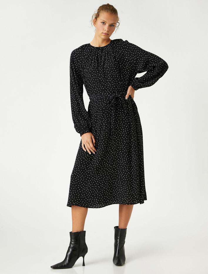  Puantiyeli Uzun Kollu Beli Lastikli Midi Elbise