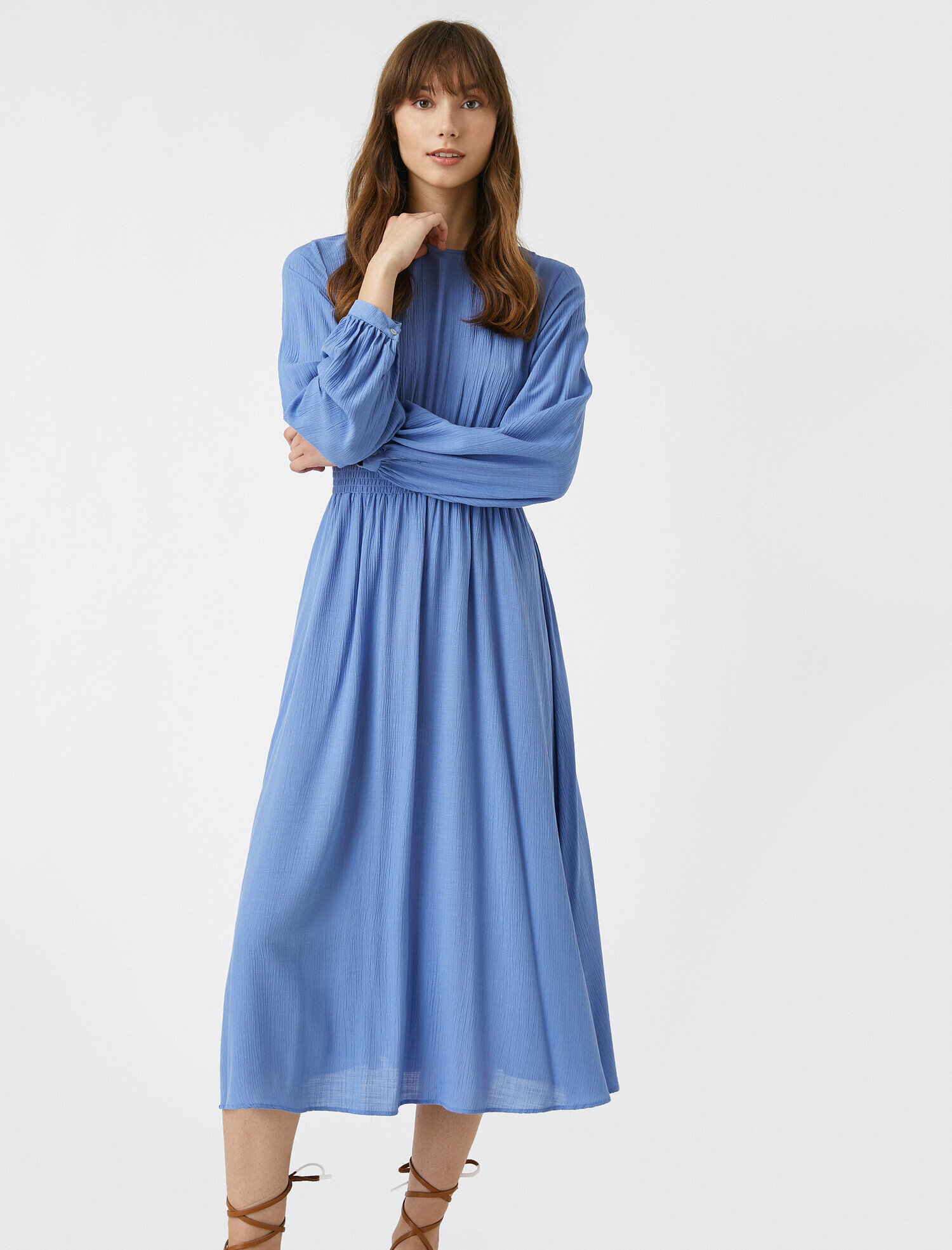 Bisiklet Yaka Viskoz Elbise Uzun Kollu Midi