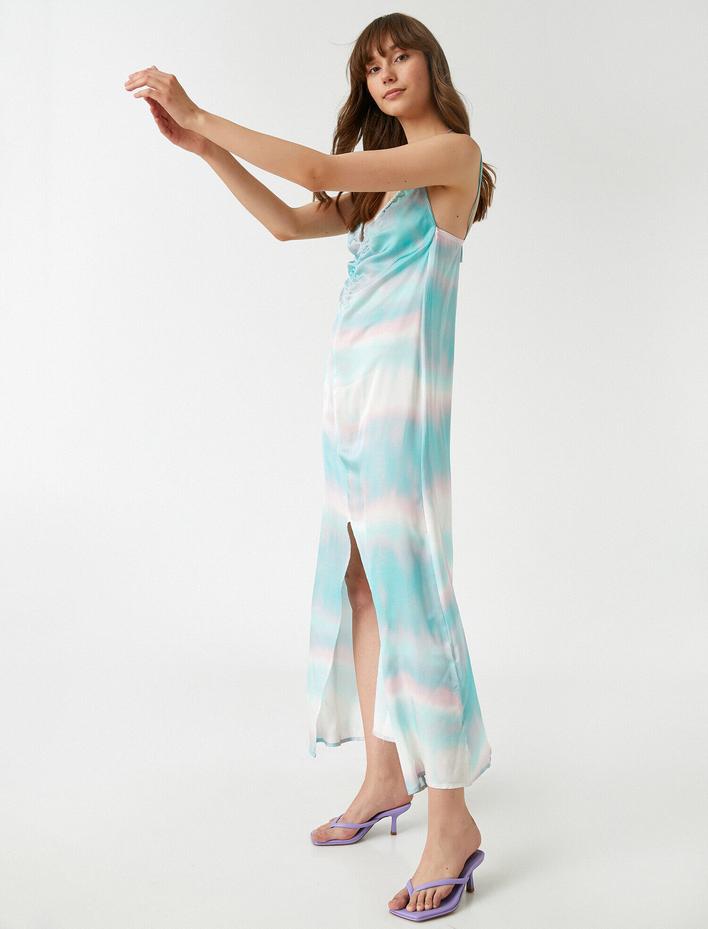  V Yaka Saten Elbise Tie-Die