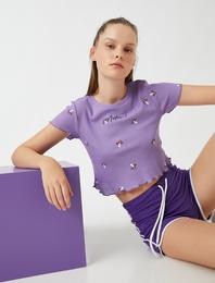 Mantar Baskılı Kısa Kollu Tişört Pamuklu Crop