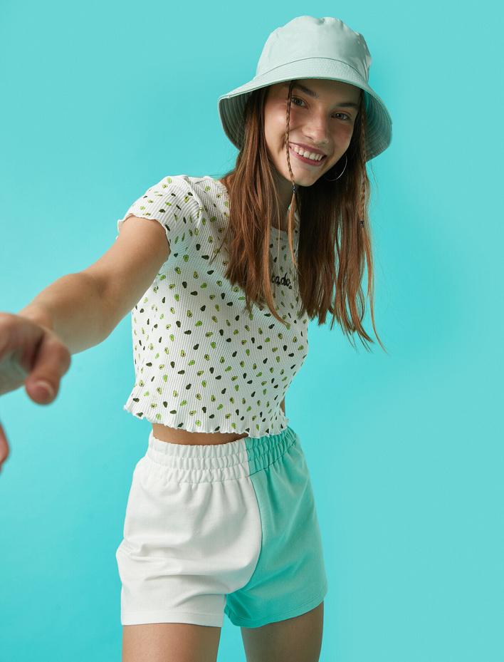  Desenli Crop Tişört Pamuklu