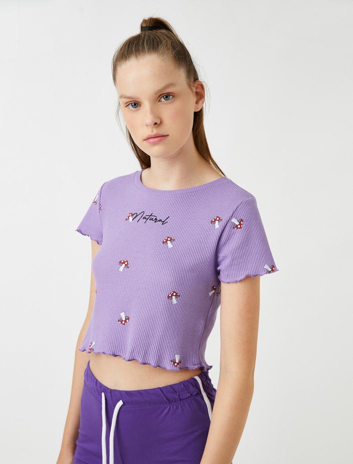  Mantar Baskılı Kısa Kollu Tişört Pamuklu Crop