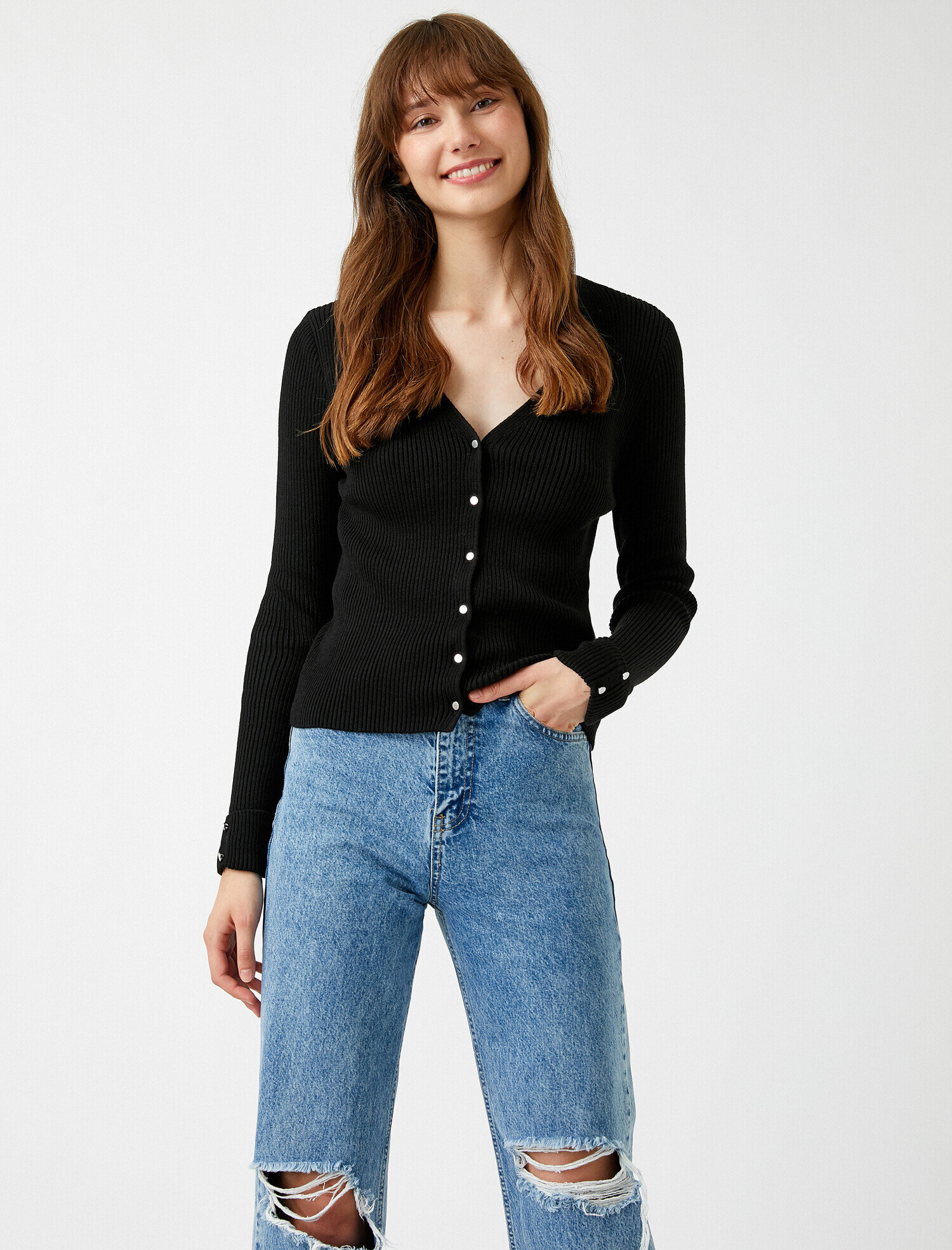   Ribanalı Triko Hırka Düğmeli