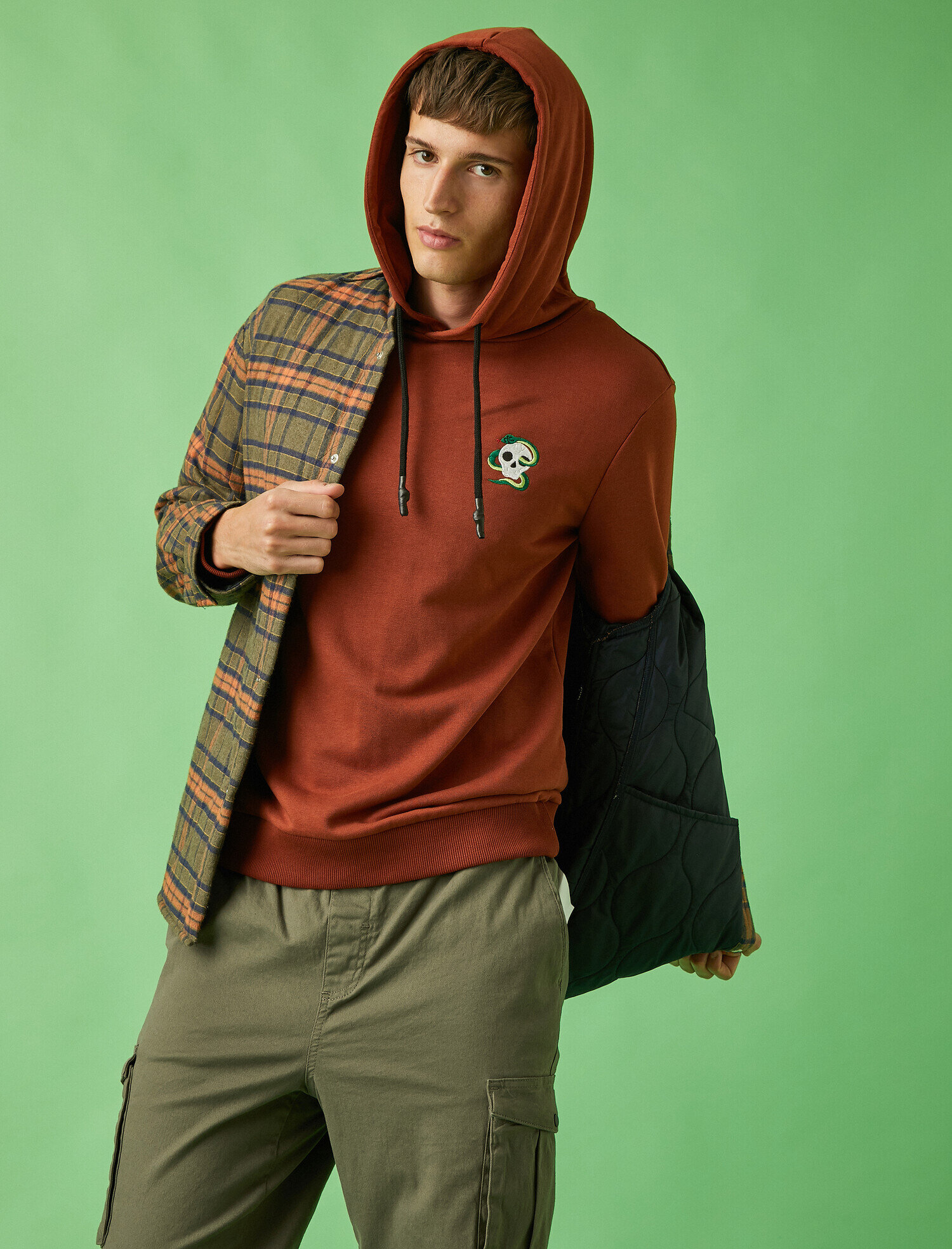   Kuru Kafa İşlemeli Kapşonlu Sweatshirt