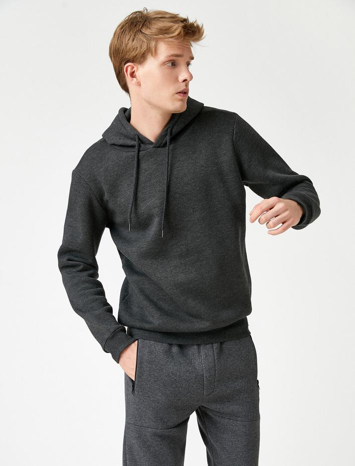  Basic Kapşonlu Sweatshirt Şardonlu