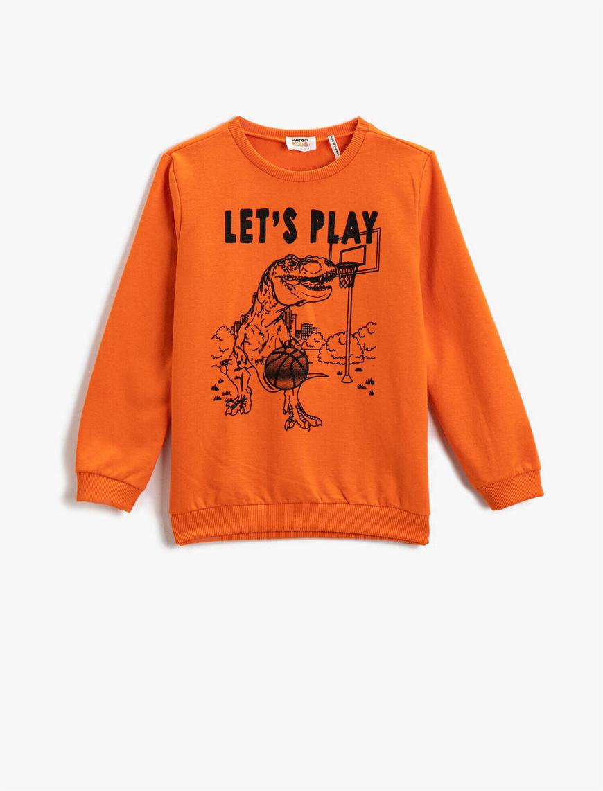 Turuncu Erkek Çocuk Dinozor Basklı Sweatshirt Bisiklet Yaka