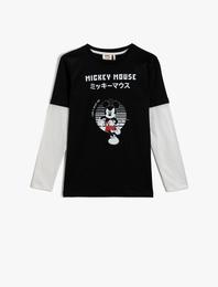 Mickey Mouse Baskılı Tişört Uzun Kollu Bisiklet Yaka
