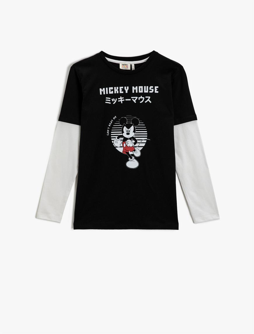  Erkek Çocuk Mickey Mouse Baskılı Tişört Uzun Kollu Bisiklet Yaka
