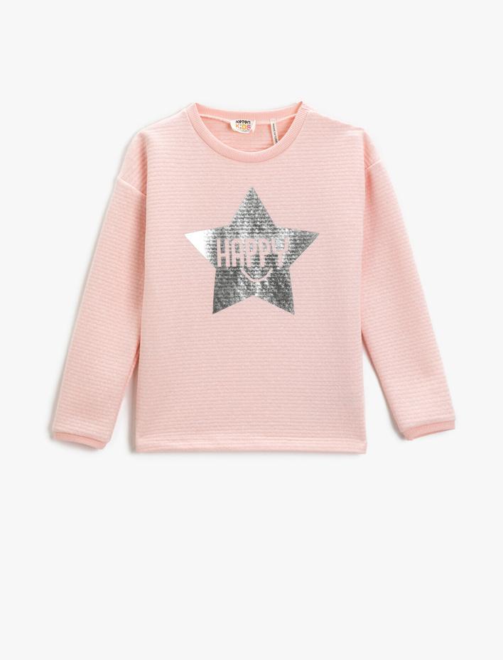 Kız Çocuk Parlak Baskılı Sweatshirt Uzun Kollu Bisiklet Yaka