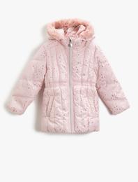 Kapşonlu Şişme Mont Kalp Baskılı