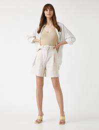 Beli Kemerli Şort Keten Karışımlı
