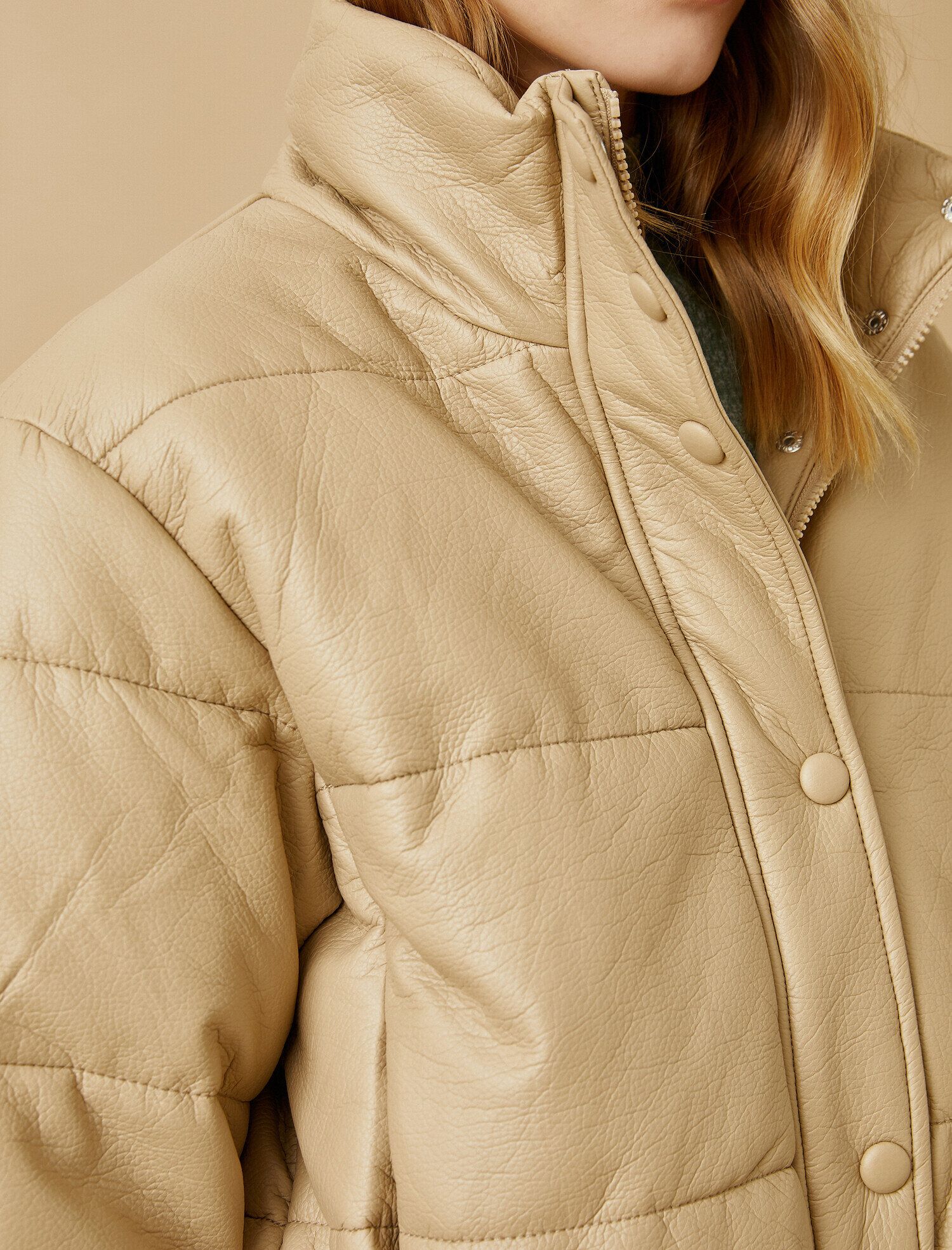   Fermuarlı Deri Görünümlü Puffer Ceket
