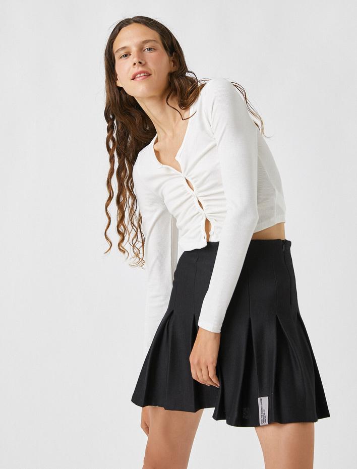  Uzun Kollu Tişört Crop Büzgülü