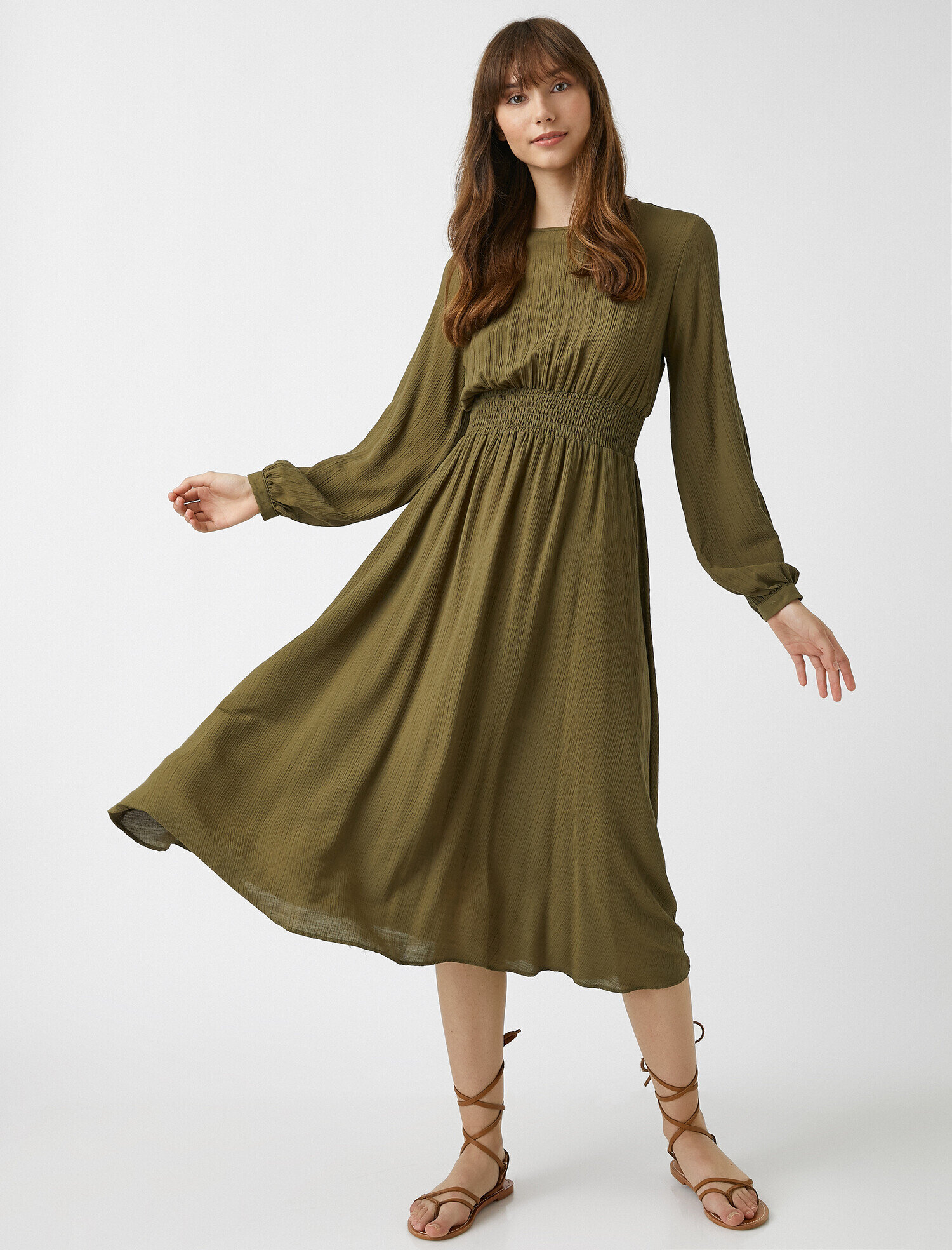   Bisiklet Yaka Viskoz Elbise Uzun Kollu Midi