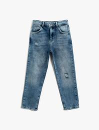 Kot Pantolon Destroylu Pamuklu Cepli - Loose Jean