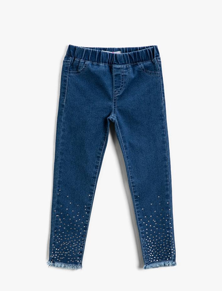 Kız Çocuk Kot Tayt Paçaları Taşlı Beli Lastikli
