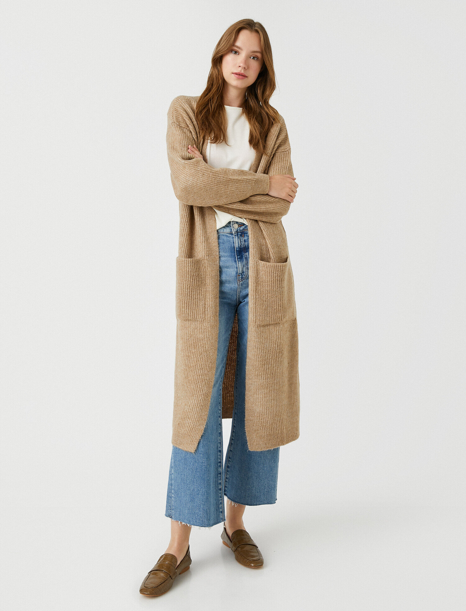   Uzun Kollu Cepli Ribanalı Hırka