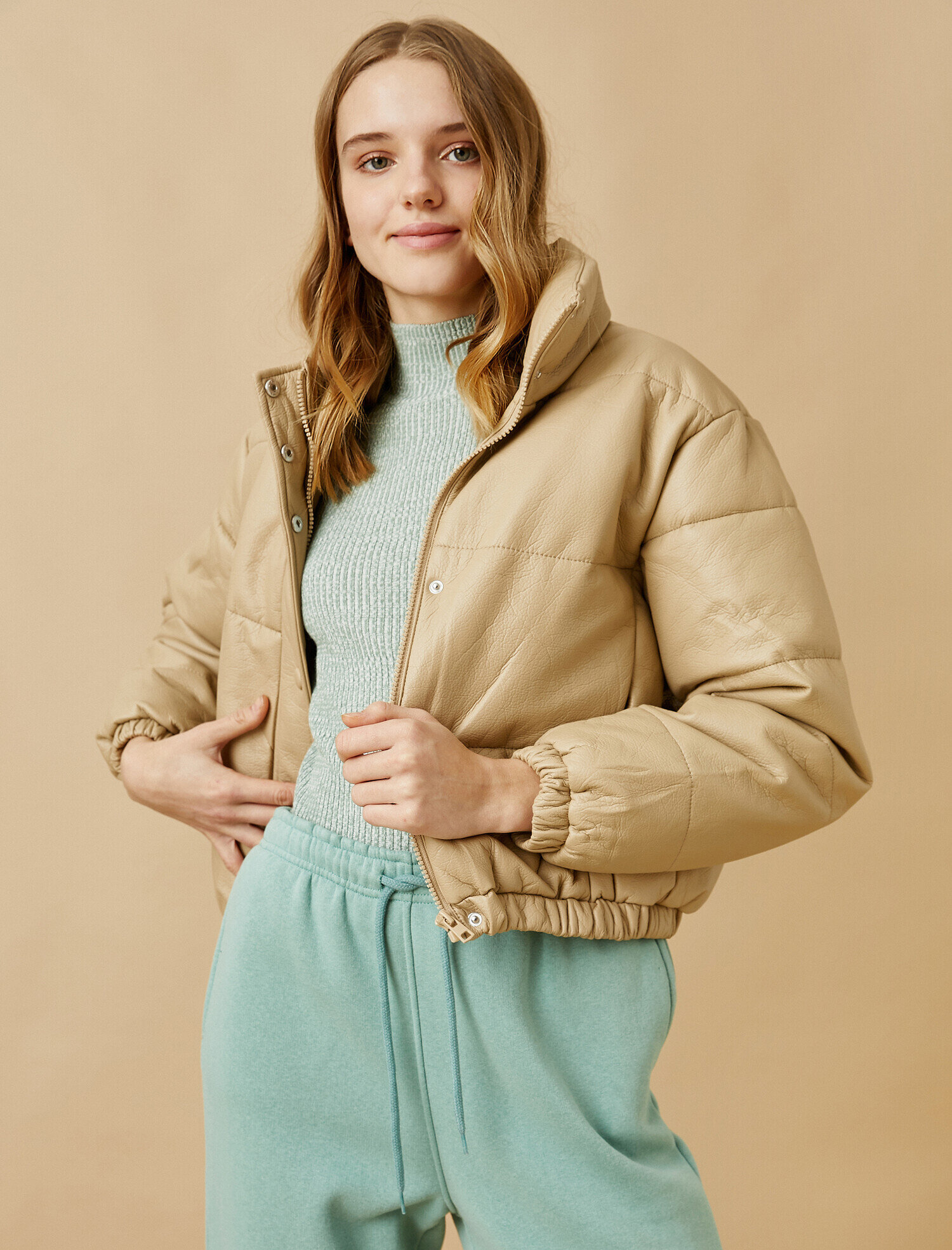   Fermuarlı Deri Görünümlü Puffer Ceket