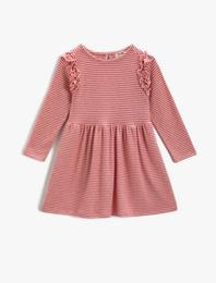 Kolu Fırfırlı Bisiklet Yaka Çizgili Uzun Kollu Elbise