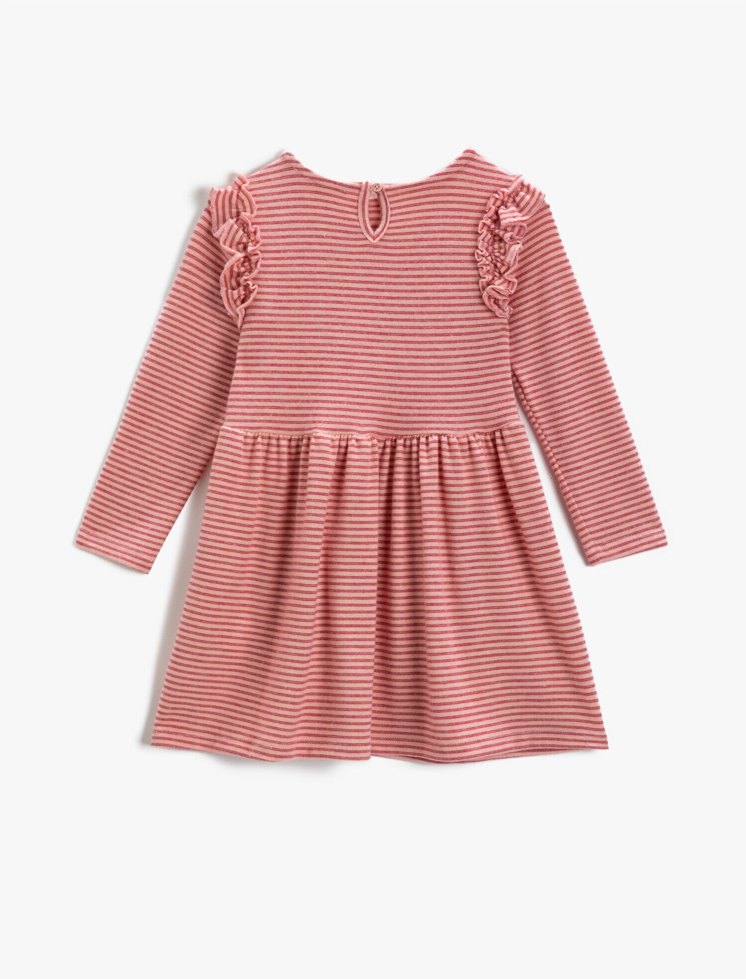  Kız Çocuk Kolu Fırfırlı Bisiklet Yaka Çizgili Uzun Kollu Elbise