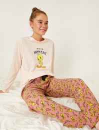 Tweety Lisanslı Baskılı Desenli Uzun Kollu Pamuklu Pijama Seti