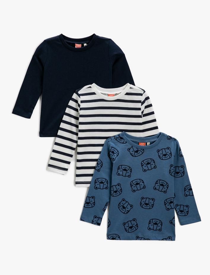 Erkek Bebek Baskılı Uzun Kollu Tişört 3'lü Set Pamuklu