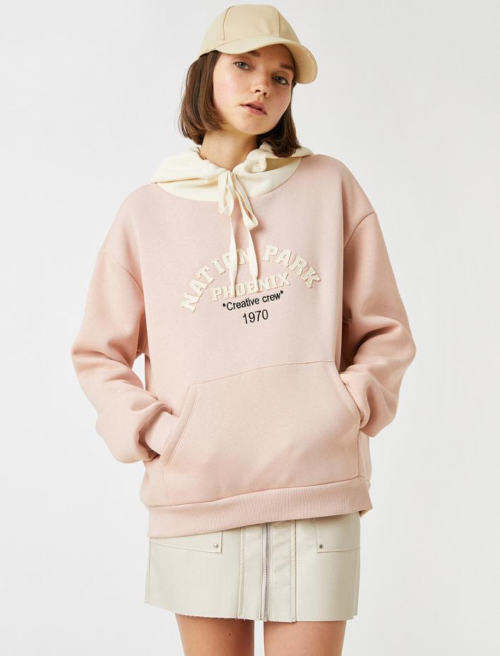  Kapüşonlu Nation Park İşlemeli Kanguru Cepli Sweatshirt İçi Polarlı