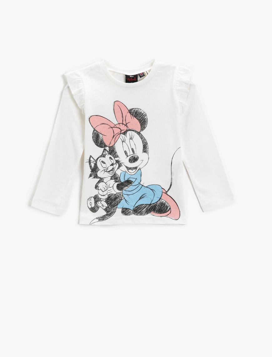  Kız Bebek Pamuklu Mickey Mouse Lisanslı Baskılı Bisiklet Yaka Uzun Kollu Tişört