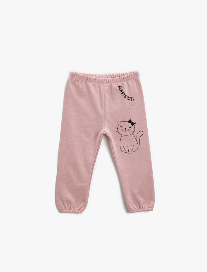 Kız Bebek Kedi Baskılı Eşofman Altı Beli Lastikli