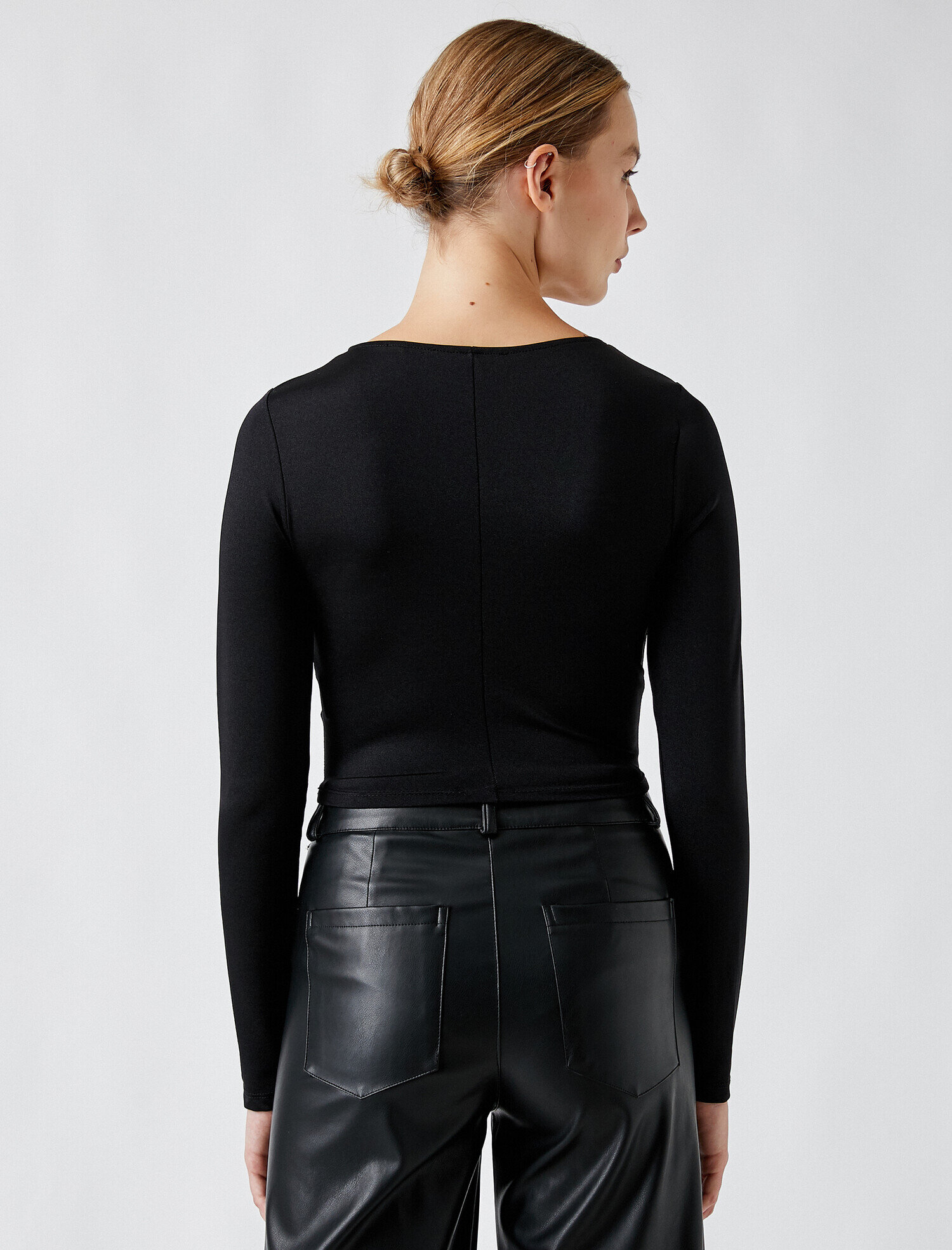   Crop Bisiklet Yaka Uzun Kollu Abiye Bluz