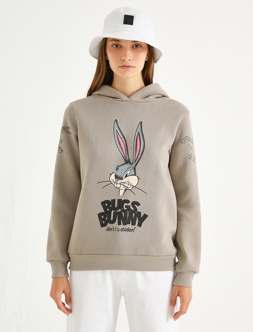   Uzun Kollu Bugs Bunny Lisanslı Baskılı Kapüşonlu Sweatshirt