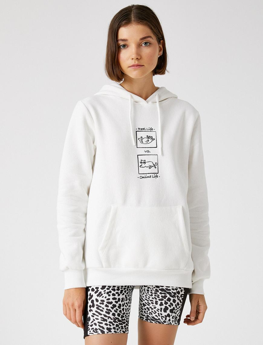   Kedi Baskılı Sweatshirt Kapüşonlu Kanguru Cepli