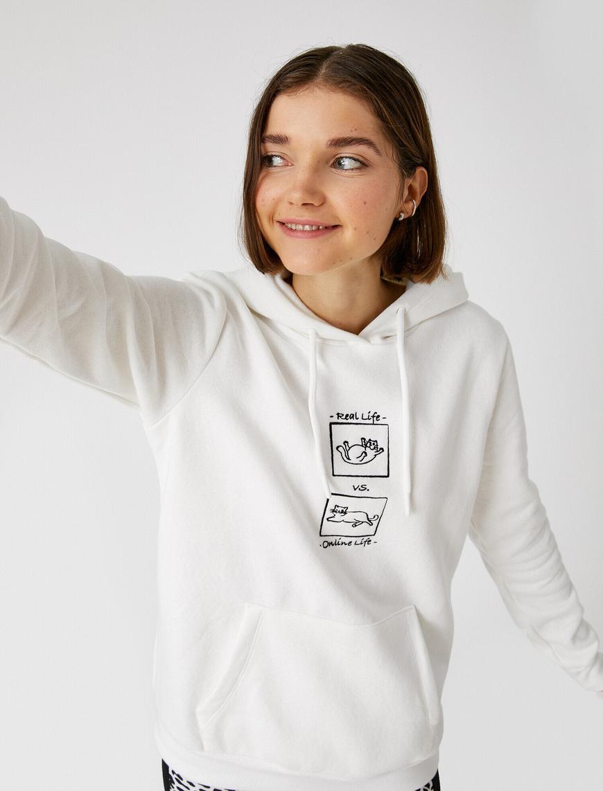   Kedi Baskılı Sweatshirt Kapüşonlu Kanguru Cepli