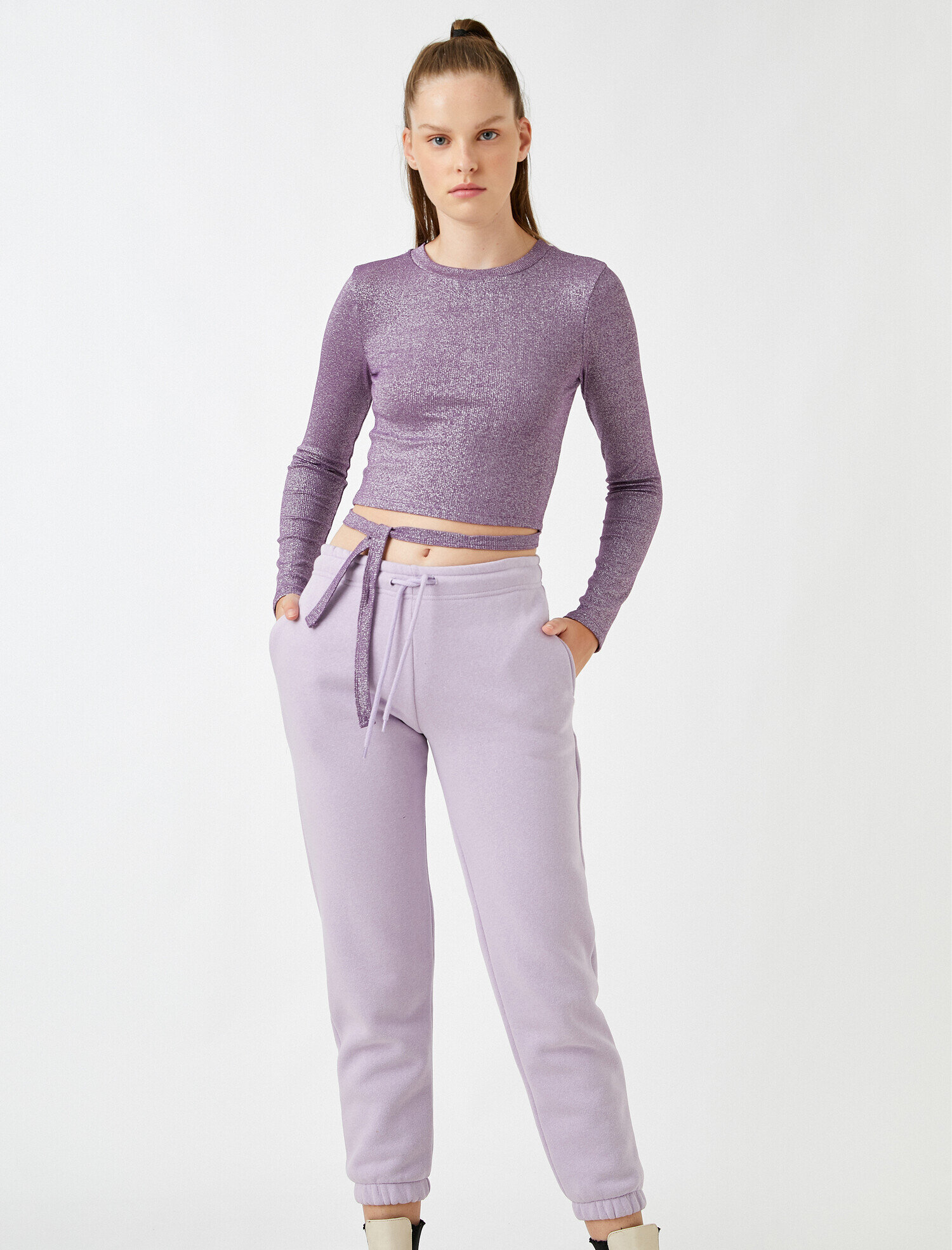   Uzun Kollu Tişört Crop Beli Bağlamalı