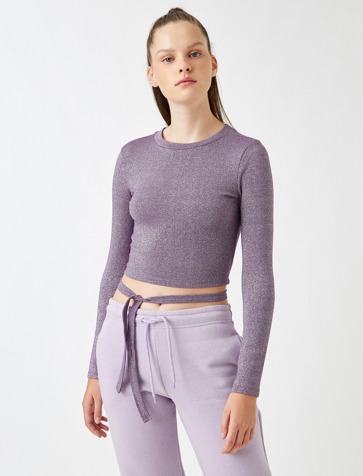   Uzun Kollu Tişört Crop Beli Bağlamalı