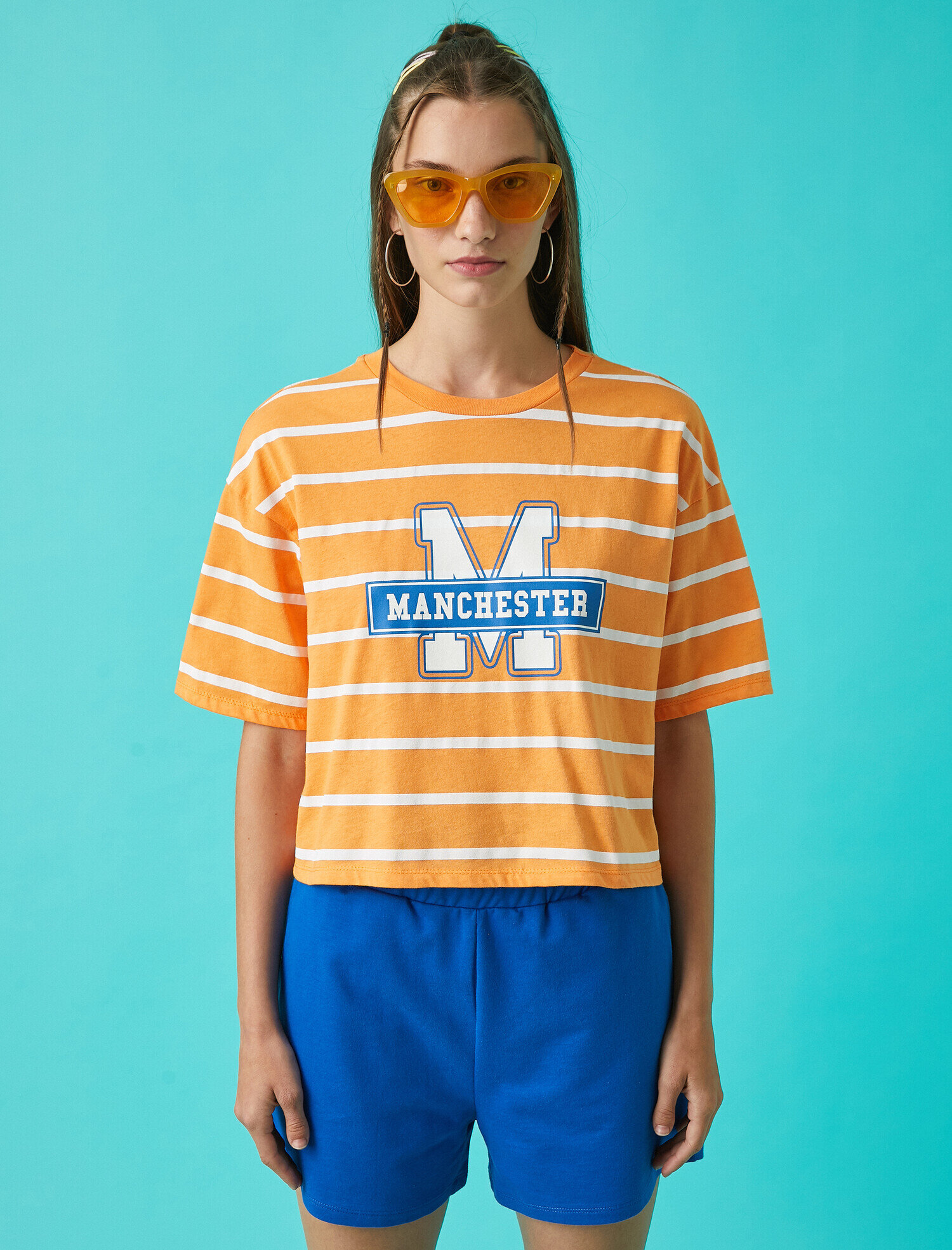   Çizgili Crop Tişört Baskılı Pamuklu