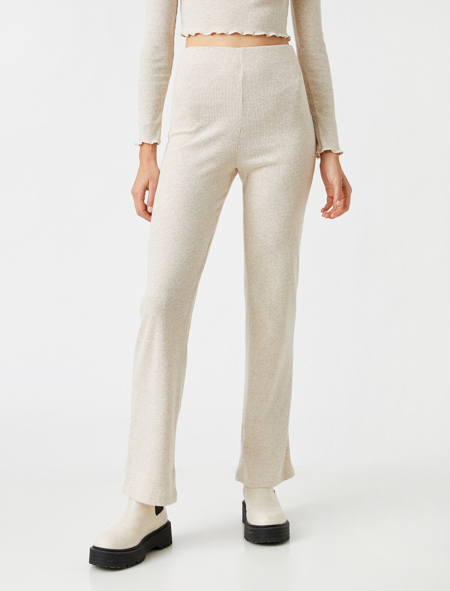 Yüksek Bel Geniş Paça Ribanalı Pantolon