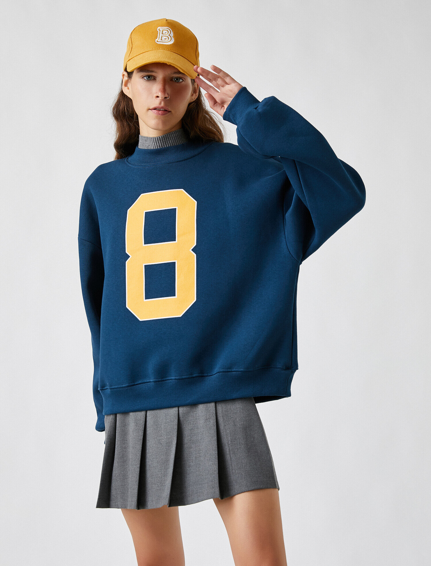   Yarım Balıkçı Baskılı Oversize Sweatshirt İçi Polarlı