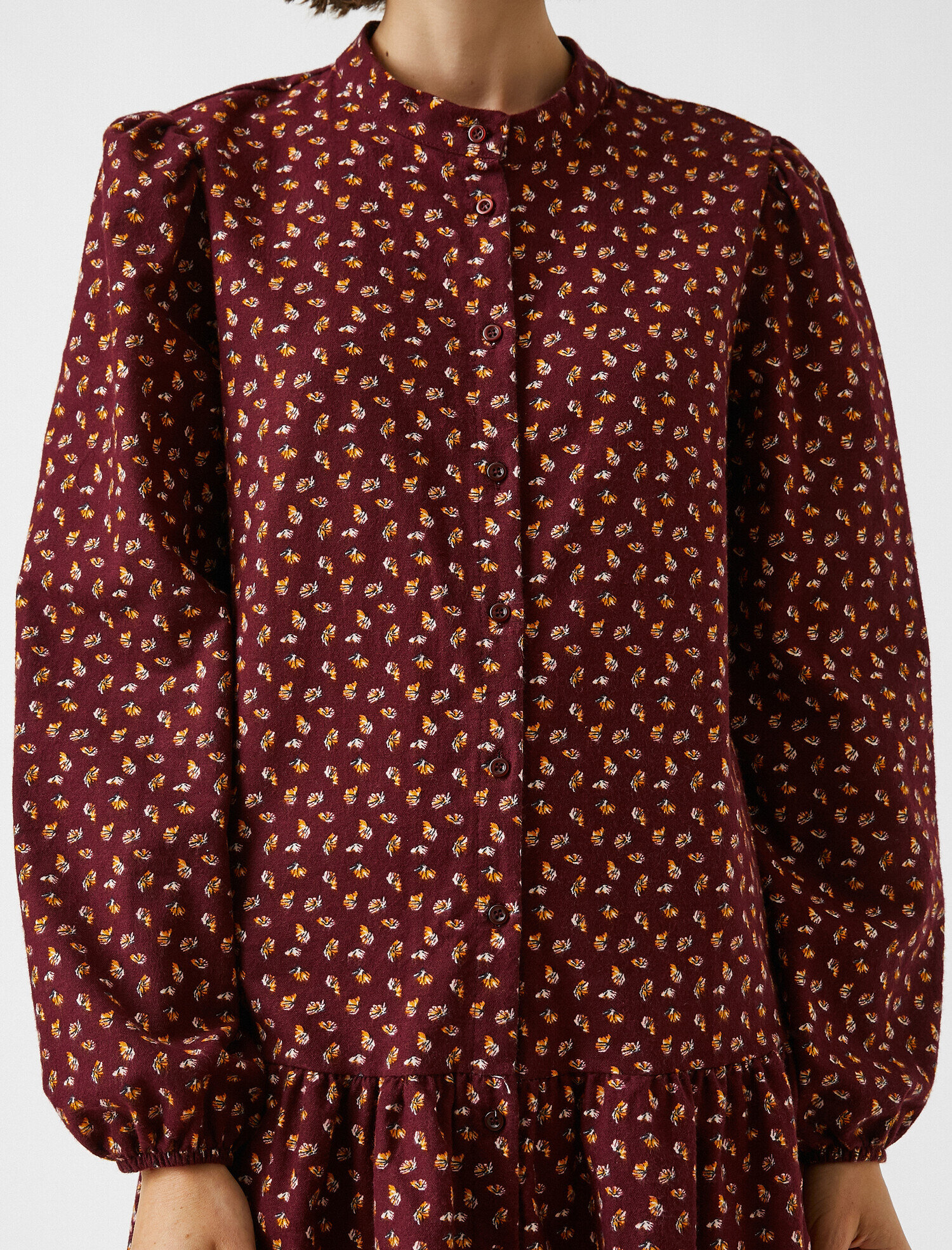   Düğmeli Volanlı Kışlık Elbise Uzun Kollu Pamuklu