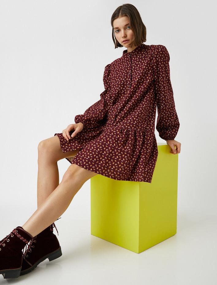  Düğmeli Volanlı Kışlık Elbise Uzun Kollu Pamuklu