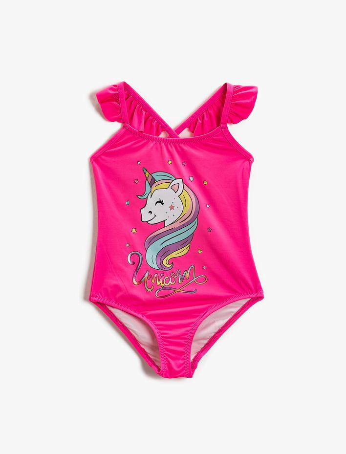 Kız Çocuk Mayo Unicorn Baskılı Fırfır Detaylı