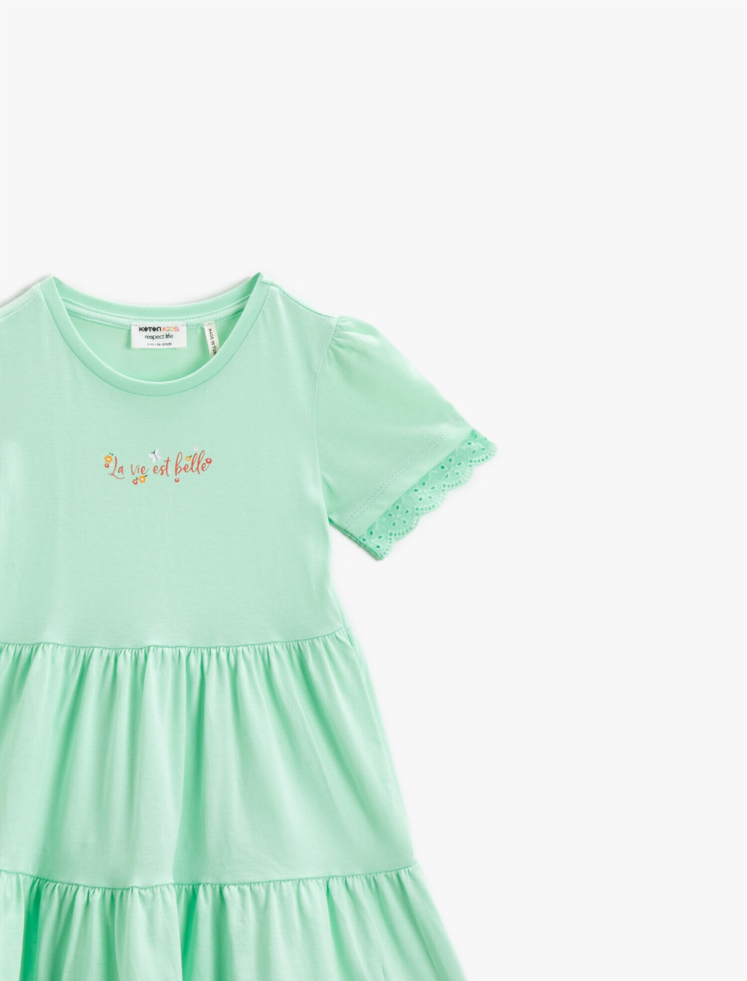  Kız Çocuk Slogan Baskılı Elbise Dantelli Pamuklu